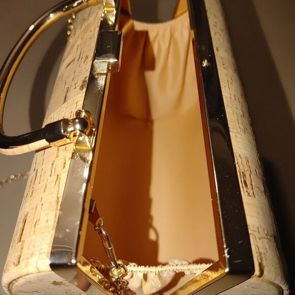 Crossbody Cork Gold Tone Hard Shell Handbag Purse Bag Case Chain Metal Handle - Picture 3 of 12